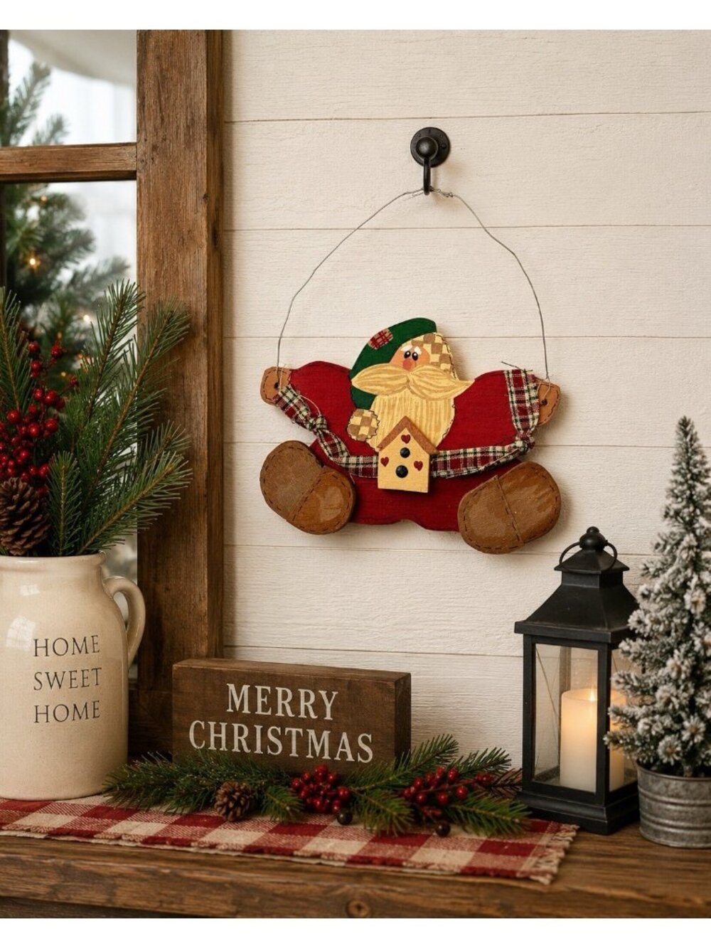 Vintage Wooden Santa Sleigh Wall Hanging Primitive Rustic Christmas Decor Folk